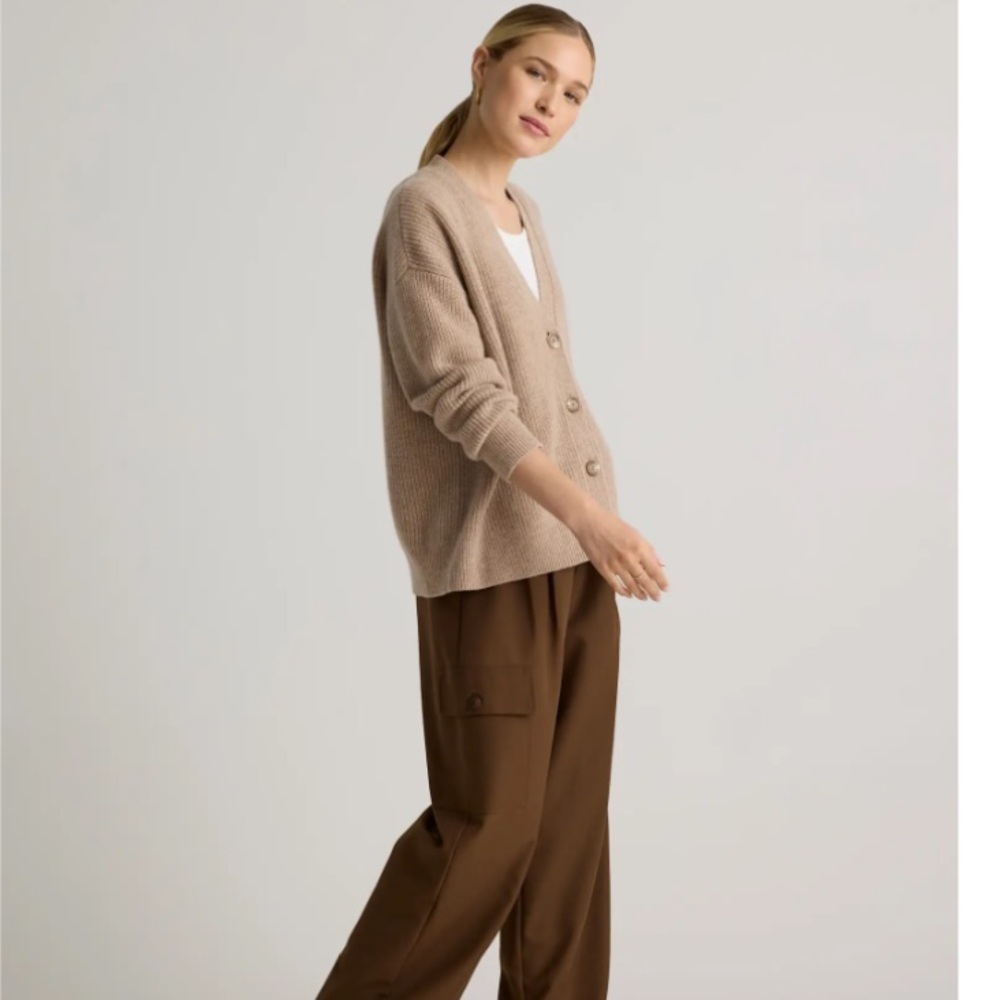 QUINCE 100% Cashmere Fisherman Boxy Cropped Cardigan Sweater oatmeal Size Small - Picture 2 of 11